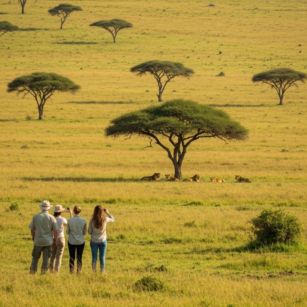 Guests on an open-top safari jeep in the Masai Mara at sunrise